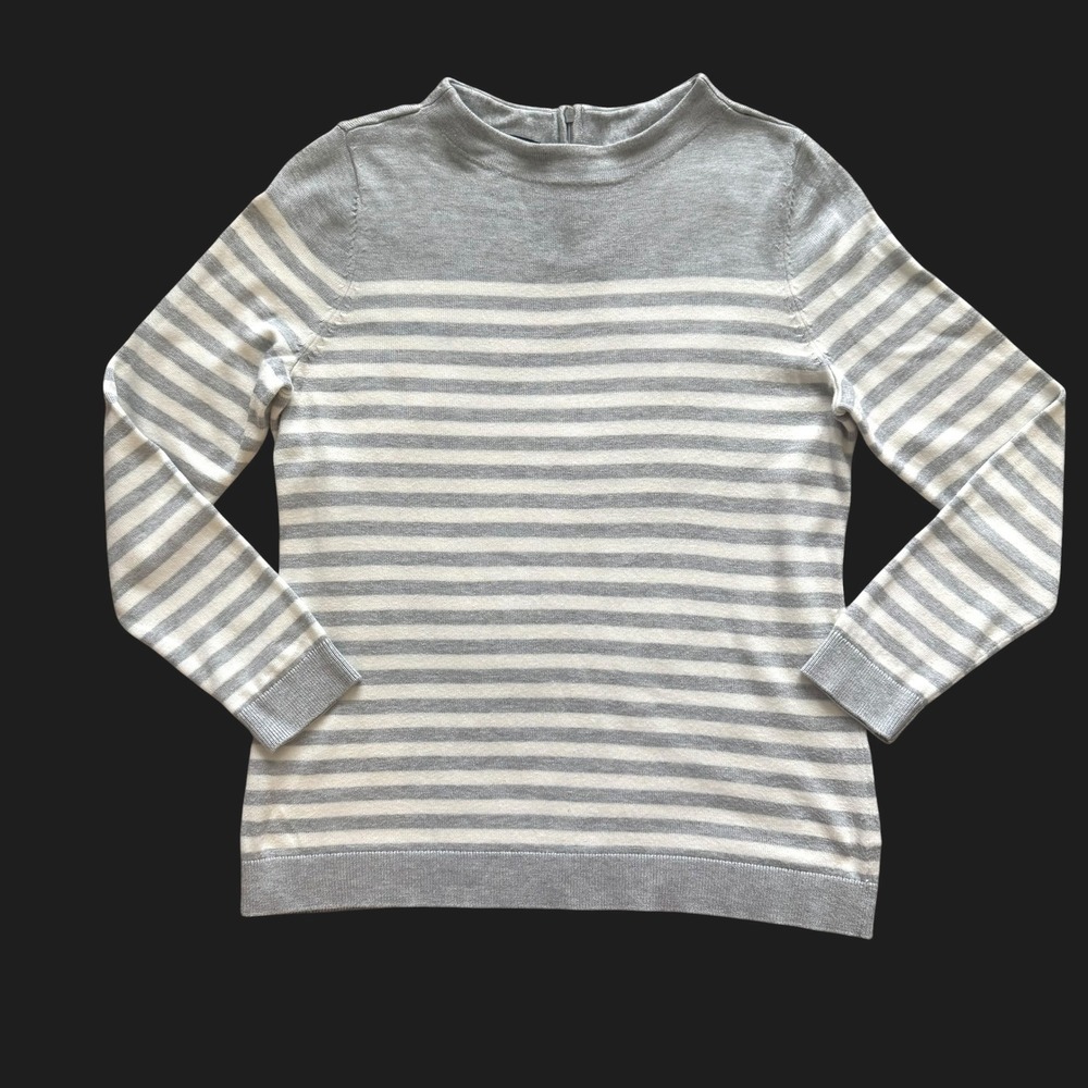 Talbots Petite Gray White Striped Crewneck Sweater LP Preppy Nautical coastal